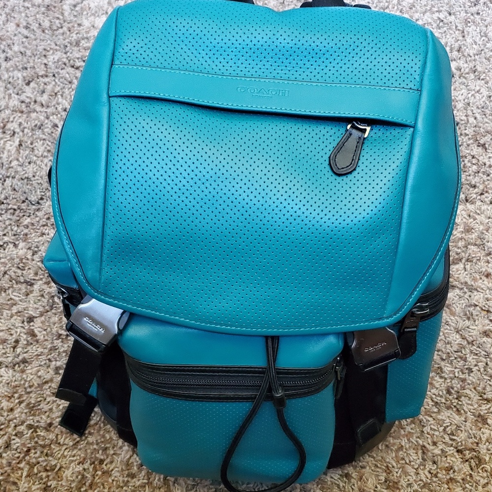 Coach Terrain Trek Perforated Leather Seagreen & Black Backpack - F57477